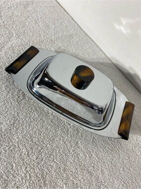 Vintage MCM Glo Hill Gourmates Chrome Butter Relish Dish Tortoiseshell Bakelite